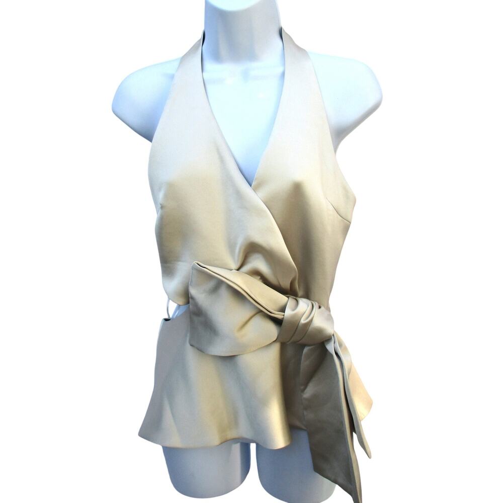 New ZARA Soft Gold Satin Effect Lined V-Neck Halter Top Bow Detail Women Size M